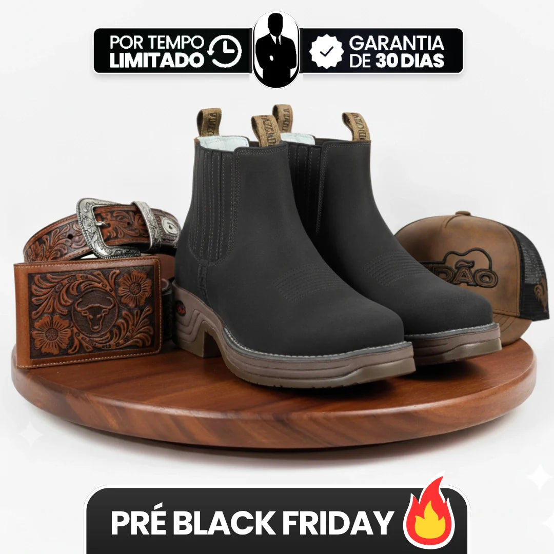 [Kit 4 em 1] Bota Masculina Ortopédica Fazenda de Cano Curto em Couro Legítimo com Boné Modão, Cinto e Carteira GRÁTIS