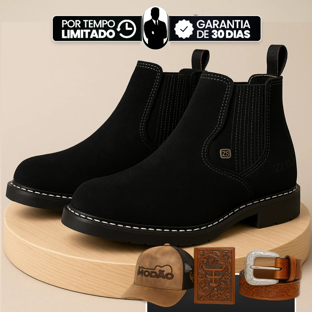 [Kit 4 em 1] Bota Masculina Zemu de Cano Curto em Couro Legítimo com Boné Modão, Cinto Country e Carteira GRÁTIS