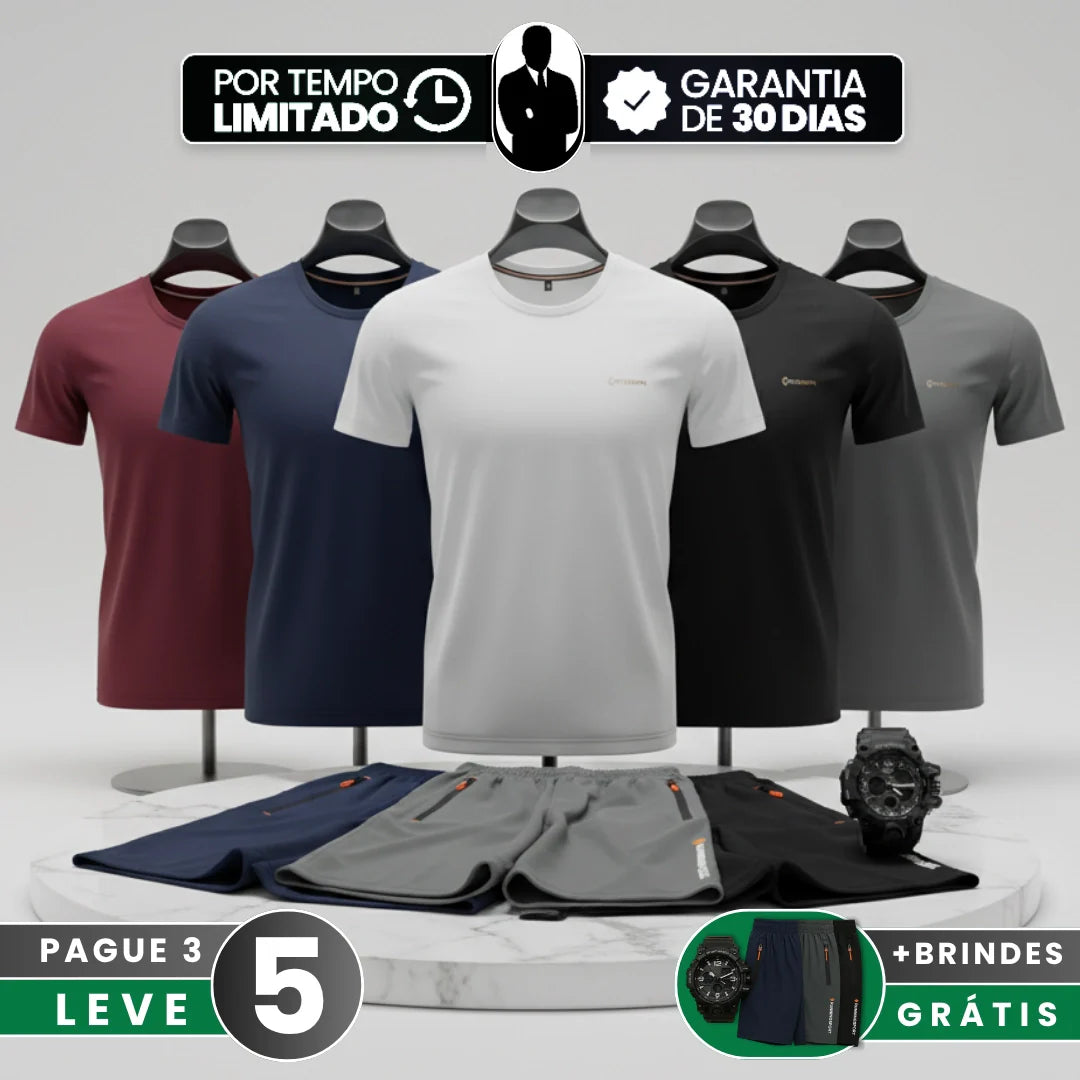 [Leva 5, Paga Só 3!] Camiseta Polo Masculina Bravon de Alta Qualidade em Seda Mulberry, Poliéster e Spandex + 3 Bermudas e 1 Relógio Tático GRÁTIS