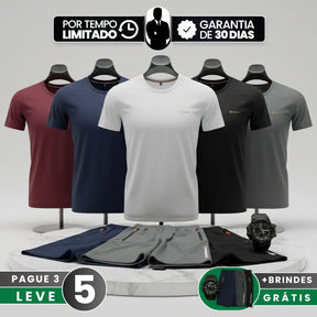 [Leva 5, Paga Só 3!] Camiseta Polo Masculina Bravon de Alta Qualidade em Seda Mulberry, Poliéster e Spandex + 3 Bermudas e 1 Relógio Tático GRÁTIS