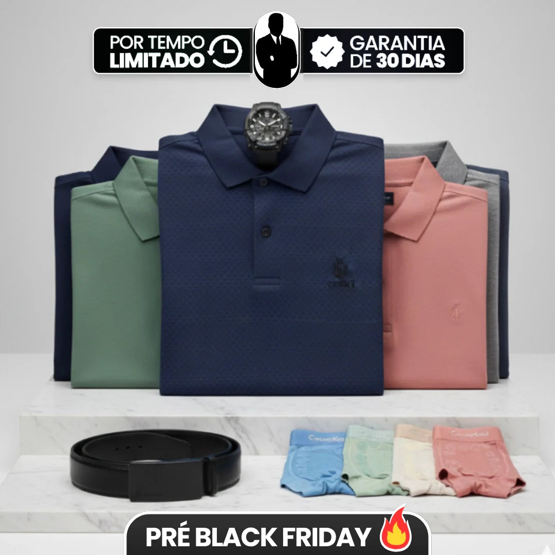 [Leve 6, Pague Só 3] Camisa Polo Ventura Masculina em Algodão, Poliéster e Elastano com Microtextura Geométrica, Botões Frontais e Logo Bordado + BRINDES