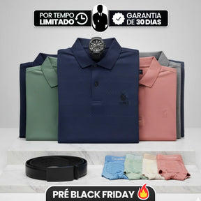 [Leve 6, Pague Só 3] Camisa Polo Ventura Masculina em Algodão, Poliéster e Elastano com Microtextura Geométrica, Botões Frontais e Logo Bordado + BRINDES