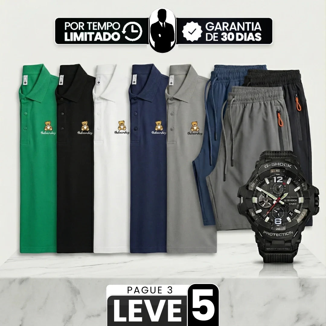 [Pague Só 3, Leve 5!] Polo Ursus Masculina em Malha Piquet (Algodão e Poliéster) com Acabamento Reforçado e Logo Bordado + 3 Bermudas e Relógio