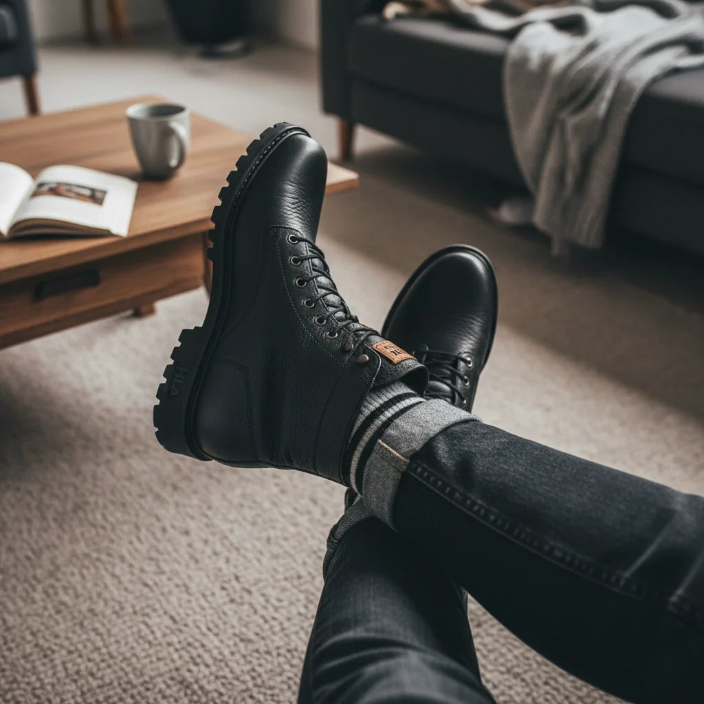 Bota Sentinel Masculina Antiderrapante de Cano Médio em Couro Legítimo e Lã Natural + 4 Cuecas, Relógio e Cinto GRÁTIS