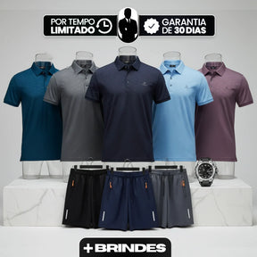[Leve 5, Pague Só 3] Camisa Polo Draxen Masculina em Seda Gelada e Poliéster de Caimento Reto com Textura Geométrica + BRINDES