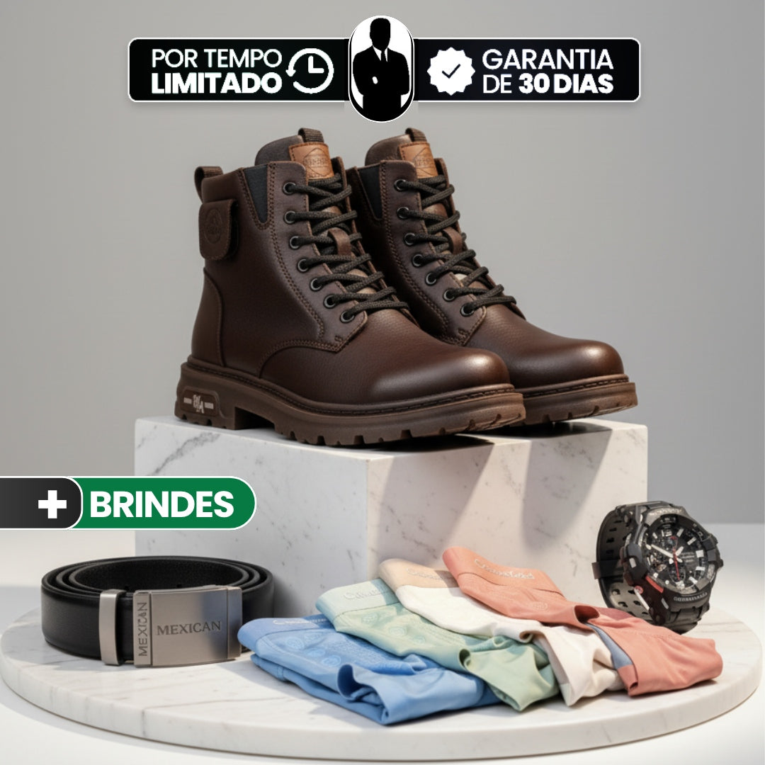 Bota Sentinel Masculina Antiderrapante de Cano Médio em Couro Legítimo e Lã Natural + 4 Cuecas, Relógio e Cinto GRÁTIS